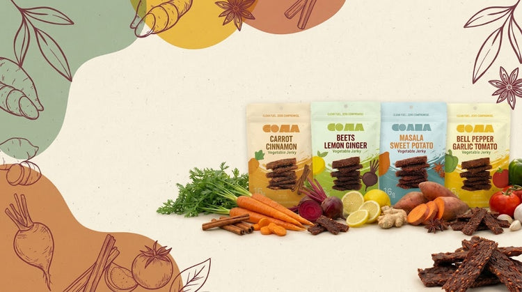 Goana veggie jerky pouches with fresh carrots, beets, sweet potatoes and peppers