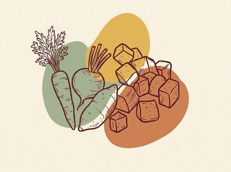 Illustration of diced carrots, beets and sweet potatoes
