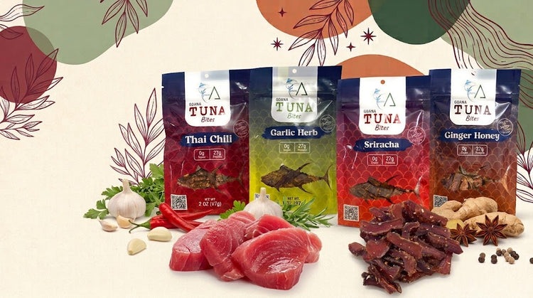 Goana Tuna Bites pouches with fresh ahi tuna, garlic, chili and ginger